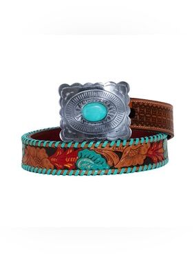 New Myra Bag Turquoise Accent Tooled Leather Women's Belt with Silver Buckle